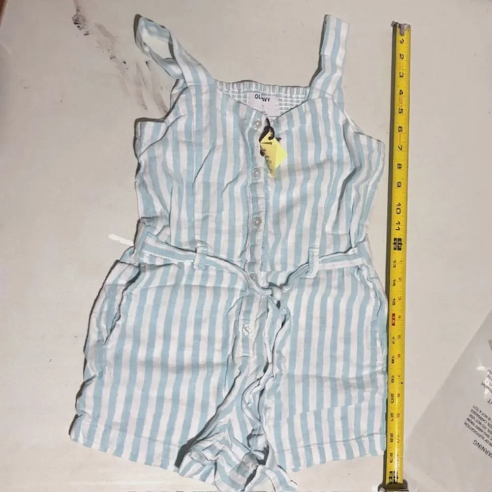 Old Navy | Girls Linen Striped Blue White Button Down Romper Jumpsuit Size L